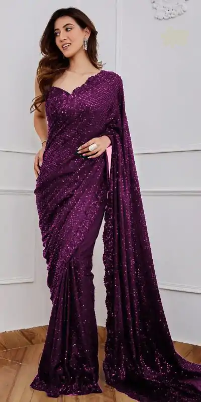 DF 3312 Wine Color Faux Georgette 5mm Sequence Embroidery Work Saree Casual, Wedding, Festive, Events . Expected Delivery  4-6 Working Days @1899/- only                                                 | Sarees, Bollywood Sarees, Creative Sarees, Designer Sarees, Embroidered Sarees, Ethnic Saree, Modern Digital sarees, Party Wear Sarees