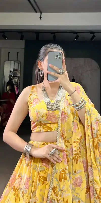 LNB 1672 Yellow Color Chiffon Floral Print Foil Print Embossed Design Lehenga Choli Wedding, Party, Festive, Events Etc. Delivery 4-6 Working Days Rs 3499 | Lehenga, Bollywood Lehenga, Creative Lehenga, Designer Lehenga, Embroidered Lehenga, Party Wear Lehenga