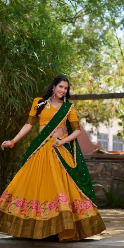 LNB1518 Yellow Color Cotton Silk Thread Embroidery Work Lehenga Choli Wedding, Party, Festive, Events Etc. Delivery 4-6 Working Days Rs 2999 | Lehenga, Bollywood Lehenga, Creative Lehenga, Designer Lehenga, Embroidered Lehenga, Party Wear Lehenga