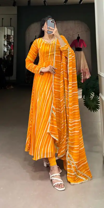 YNF 5026 Yellow Color Georgette Leheriya Georgette Lace Touch Up Gown Casual, Wedding, Festive, Events . Expected Delivery  4-6 Working Days @1649/- only      | Gowns, Bollywood Gowns, Creative Gowns, Designer Gowns, Embroidered Gowns, Party Wear Gowns