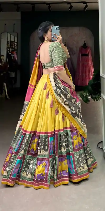 LNB 1235 Yellow Color Tasar Silk Kalamkari With Foil Work Lehenga Choli Wedding, Party, Festive, Events Etc. Delivery 4-6 Working Days Rs 2499 | Lehenga, Bollywood Lehenga, Creative Lehenga, Designer Lehenga, Embroidered Lehenga, Party Wear Lehenga