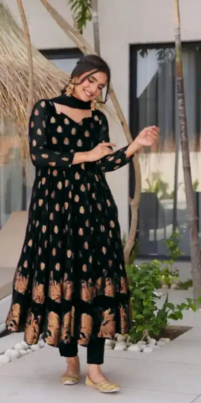 VLM 299 Black Faux Georgette With Embroidery Work Gown Perfect for Wedding, Party, Ethnic Day, Housewarming, Cultural Events At 2099/-Only | Gowns, Bollywood Gowns, Creative Gowns, Designer Gowns, Embroidered Gowns, Party Wear Gowns