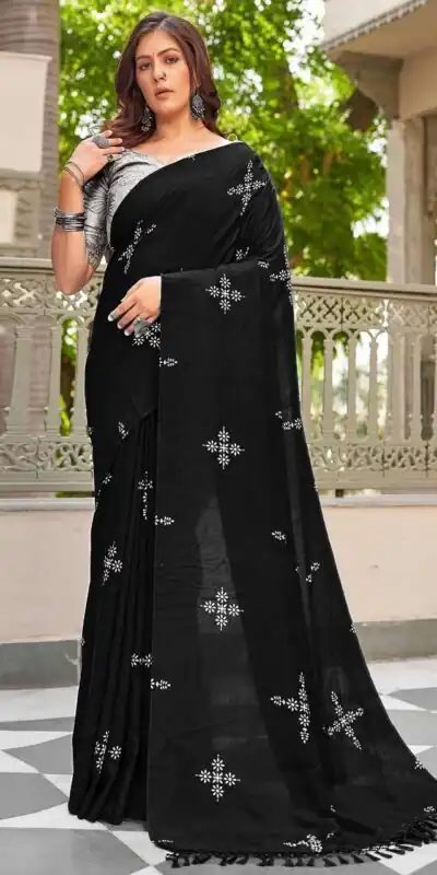 Black Natural Silk With Thread Embroidery Saree