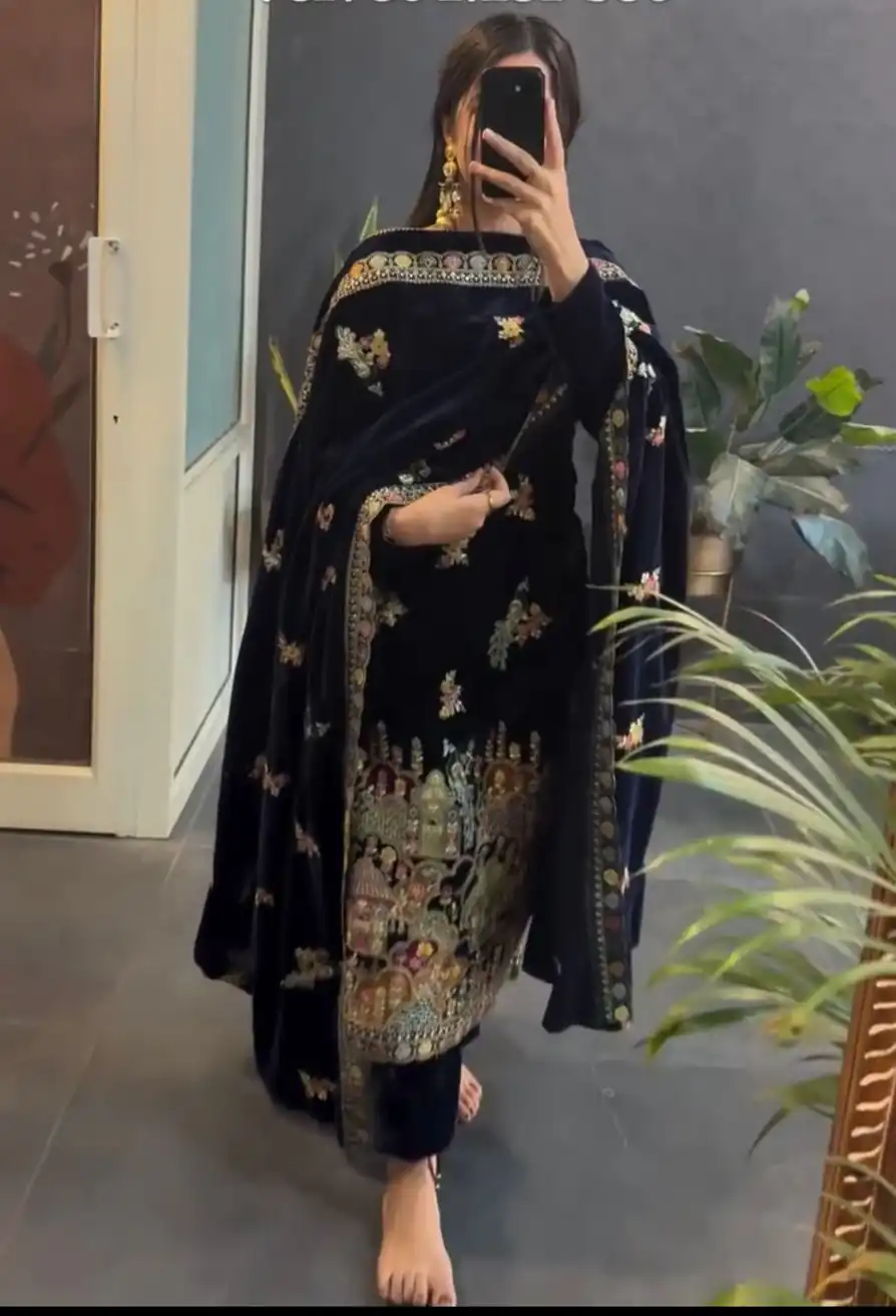 VLM 237 Black Viscose Velvet Salwar Suit Perfect for Wedding, Party, Karwa Chauth, Pooja, Ethnic Day – . Exclusive Offer ₹2449. Delivery 4-6 Working Days | Jump Suits, Salwar suit, Casual Suits, Creative suits, Designer Suits, Palazzo Suits, Party Wear Suits, Patiala Suits, Straight Suits