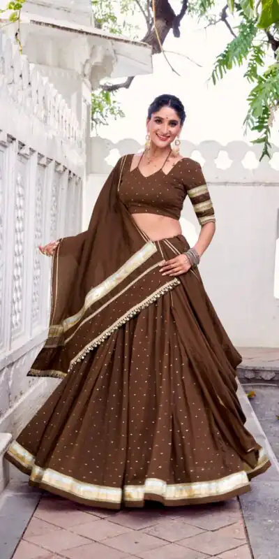 LNB 1664 Brown Pure Chanderi Lehenga Choli Perfect for Wedding, Party, Family Gatherings, Festival Celebrations, Grab it for βΉ2999. Delivery 4-6 Days | Lehenga, Bollywood Lehenga, Creative Lehenga, Designer Lehenga, Embroidered Lehenga, Party Wear Lehenga