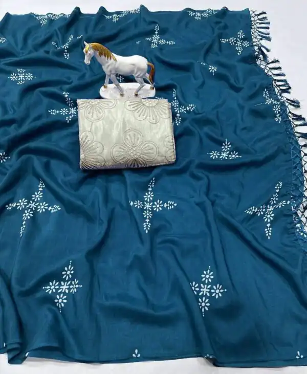 Firozi Natural Silk With Thread Embroidery Saree - Image 3