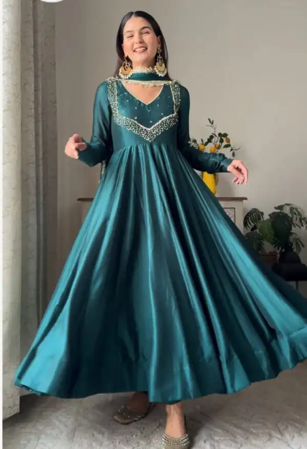 Firozi Star Georgette Embroidery Lace Work Gown