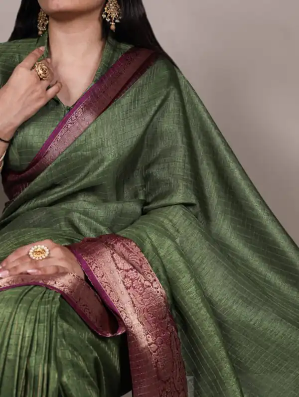 Green Dola Chex Zari Work Saree - Image 2