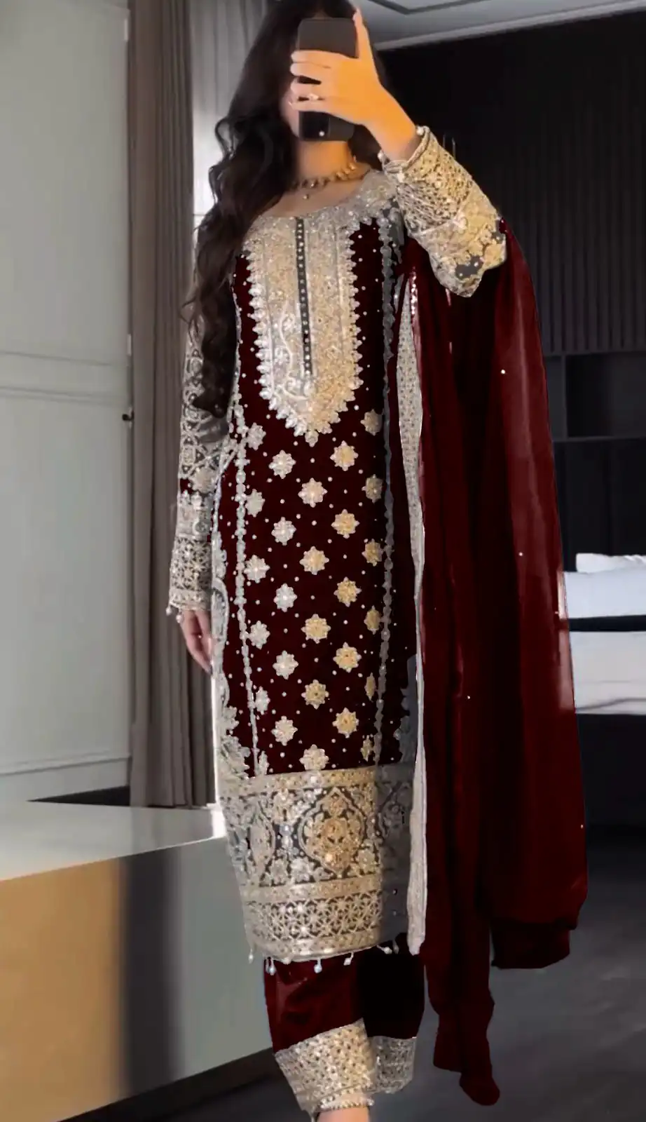 SR 1654 Maroon in Faux Georgette With Heavy Embroidery Sequence Work Wedding, Party, Festive, Events Special 4-6 Working Days At 2599/- Only | Jump Suits, Salwar suit, Casual Suits, Creative suits, Designer Suits, Palazzo Suits, Party Wear Suits, Patiala Suits, Straight Suits