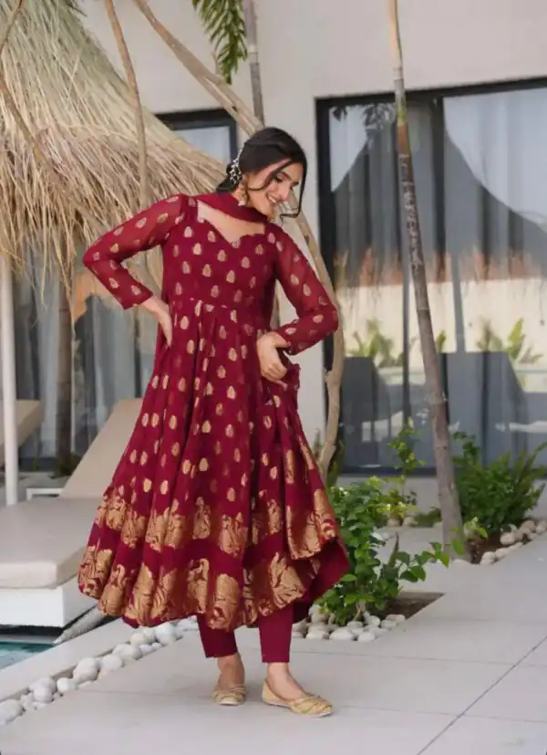 VLM 299 Maroon Faux Georgette With Embroidery Work Gown Perfect for Wedding, Party, Ethnic Day, Housewarming, Cultural Events At 2099/-Only | Gowns, Bollywood Gowns, Creative Gowns, Designer Gowns, Embroidered Gowns, Party Wear Gowns