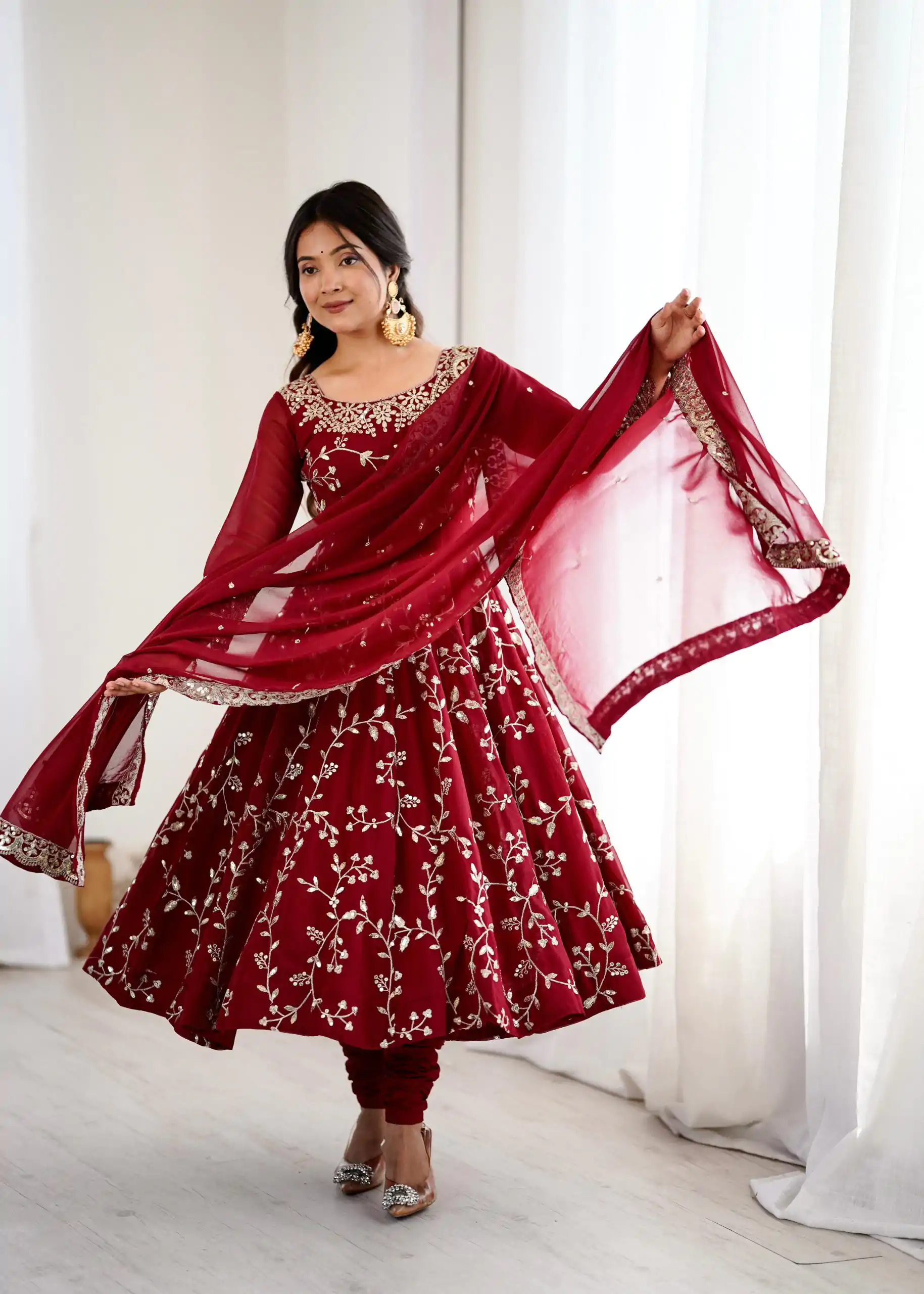SRK 5299 Maroon Faux Georgette With Sequence Work Perfect for Wedding, Party, Temple Visit, Ganesh Chaturthi Festive, Events, 4-6 Working Days At 2149 | Gowns, Bollywood Gowns, Creative Gowns, Designer Gowns, Embroidered Gowns, Party Wear Gowns