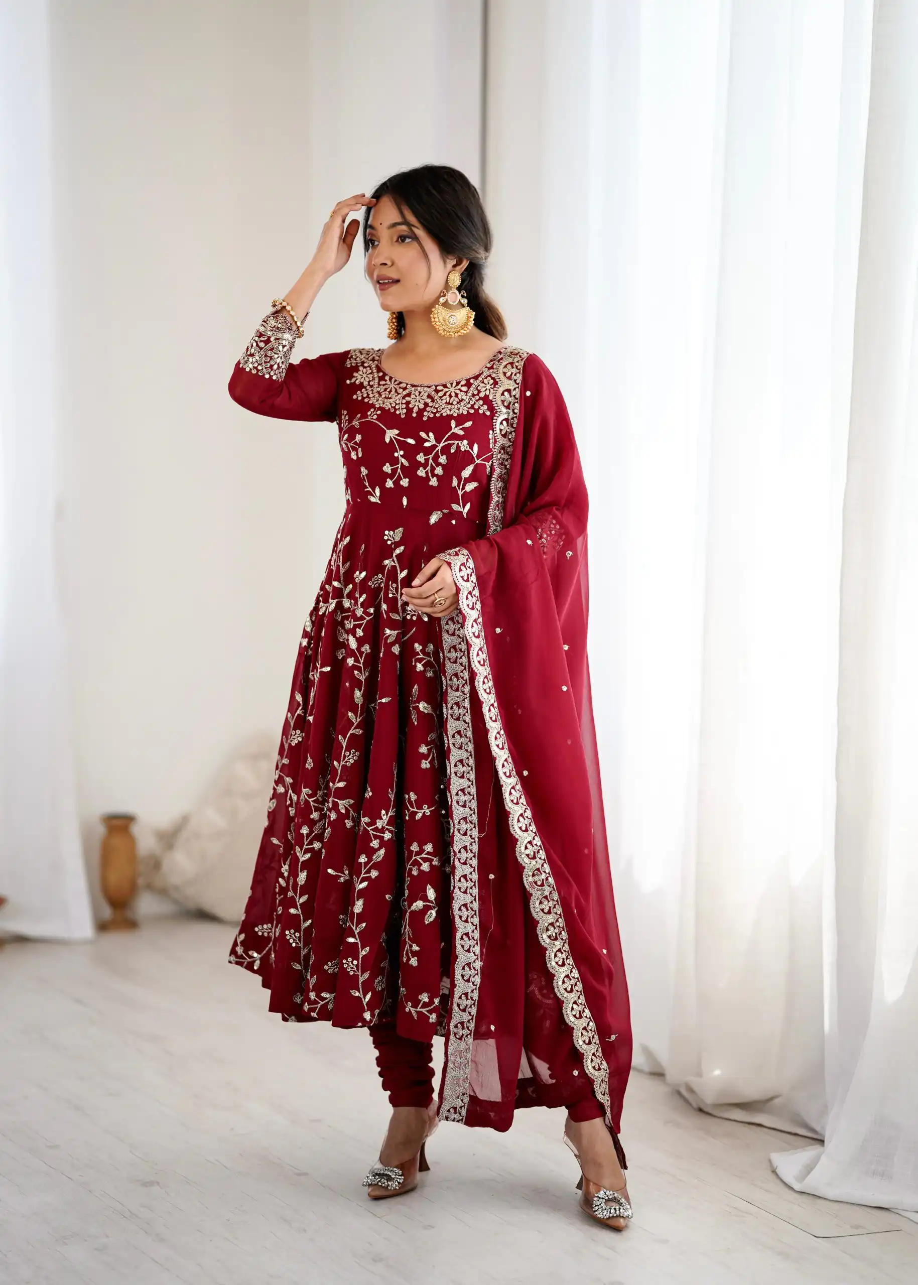 SRK 5299 Maroon Faux Georgette With Sequence Work Perfect for Wedding, Party, Temple Visit, Ganesh Chaturthi Festive, Events, 4-6 Working Days At 2149 | Gowns, Bollywood Gowns, Creative Gowns, Designer Gowns, Embroidered Gowns, Party Wear Gowns