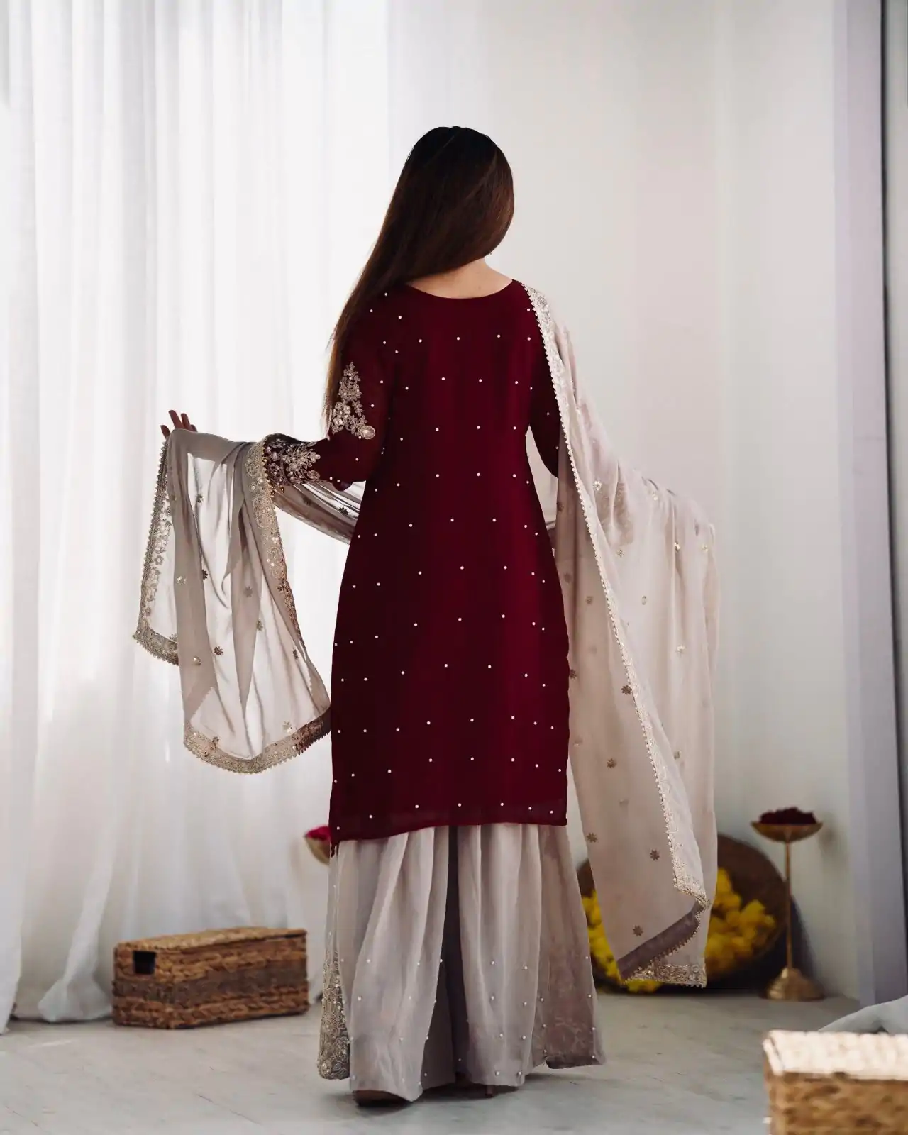 SR 1676 Maroon Heavy Faux Georgette With Heavy Embroidery Perfect for Wedding, Party, Ethnic Day, Reception, Diwali 4-6 Working Days At 2049/- Only | Jump Suits, Salwar suit, Casual Suits, Creative suits, Designer Suits, Palazzo Suits, Party Wear Suits, Patiala Suits, Straight Suits