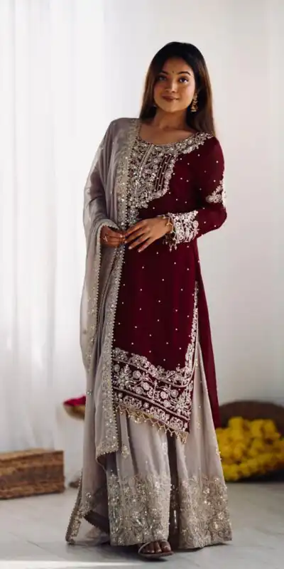SR 1676 Maroon Heavy Faux Georgette With Heavy Embroidery Perfect for Wedding, Party, Ethnic Day, Reception, Diwali 4-6 Working Days At 2049/- Only | Jump Suits, Salwar suit, Casual Suits, Creative suits, Designer Suits, Palazzo Suits, Party Wear Suits, Patiala Suits, Straight Suits