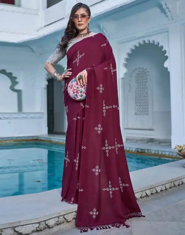 Maroon Natural Silk With Thread Embroidery Saree