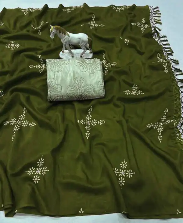Mehendi Natural Silk With Thread Embroidery Saree - Image 3