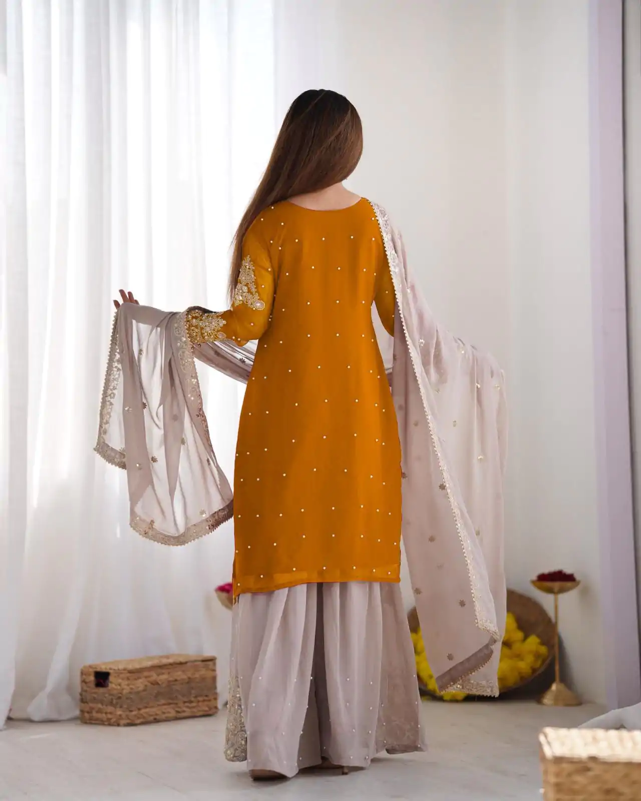 SR 1676 Mustard Heavy Faux Georgette With Heavy Embroidery Perfect for Wedding, Party, Ethnic Day, Reception, Diwali 4-6 Working Days At 2049/- Only | Jump Suits, Salwar suit, Casual Suits, Creative suits, Designer Suits, Palazzo Suits, Party Wear Suits, Patiala Suits, Straight Suits