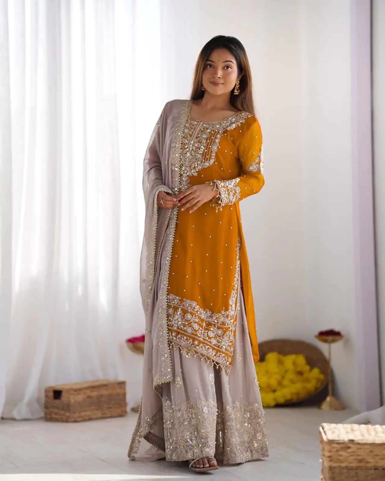 SR 1676 Mustard Heavy Faux Georgette With Heavy Embroidery Perfect for Wedding, Party, Ethnic Day, Reception, Diwali 4-6 Working Days At 2049/- Only | Jump Suits, Salwar suit, Casual Suits, Creative suits, Designer Suits, Palazzo Suits, Party Wear Suits, Patiala Suits, Straight Suits