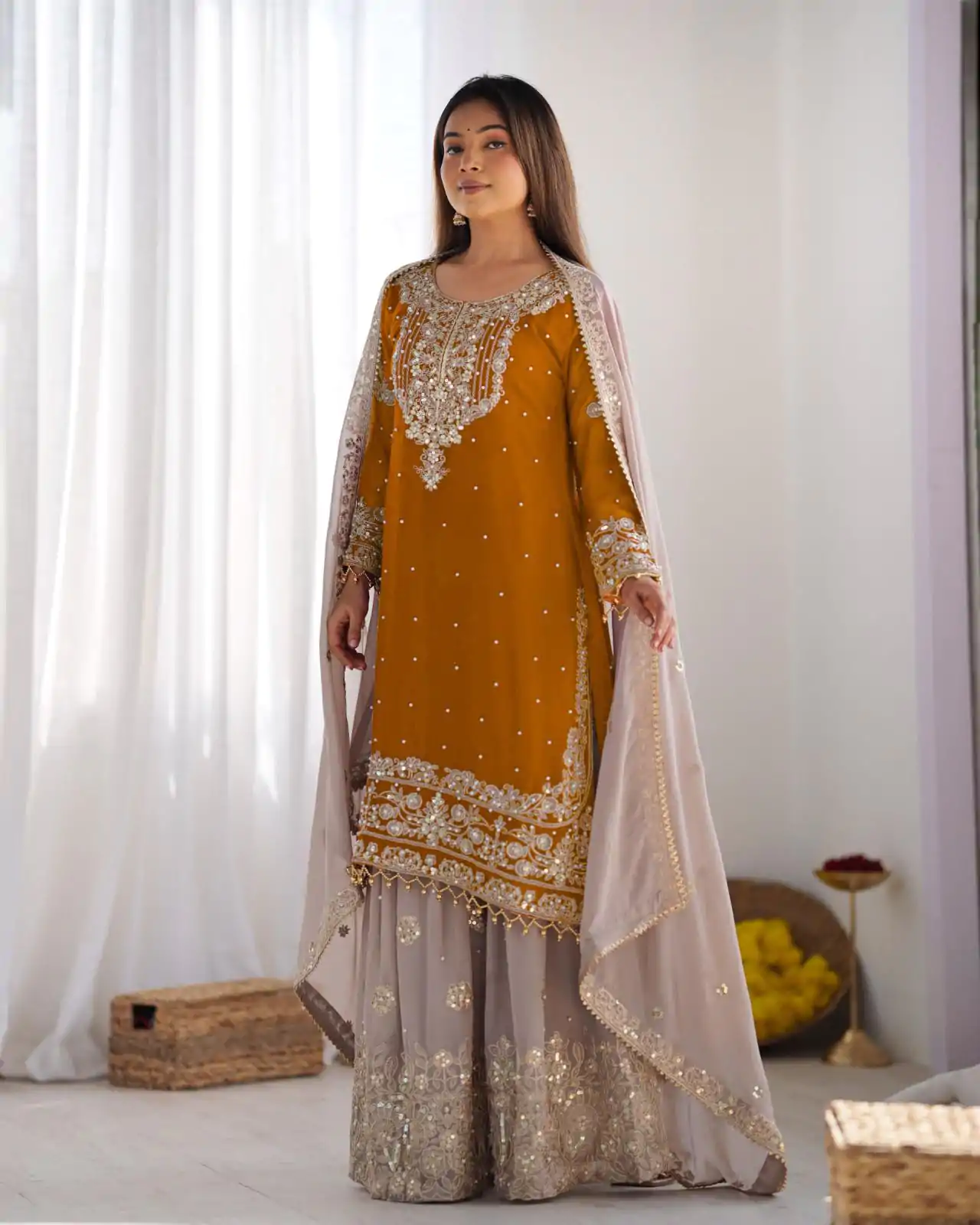 SR 1676 Mustard Heavy Faux Georgette With Heavy Embroidery Perfect for Wedding, Party, Ethnic Day, Reception, Diwali 4-6 Working Days At 2049/- Only | Jump Suits, Salwar suit, Casual Suits, Creative suits, Designer Suits, Palazzo Suits, Party Wear Suits, Patiala Suits, Straight Suits
