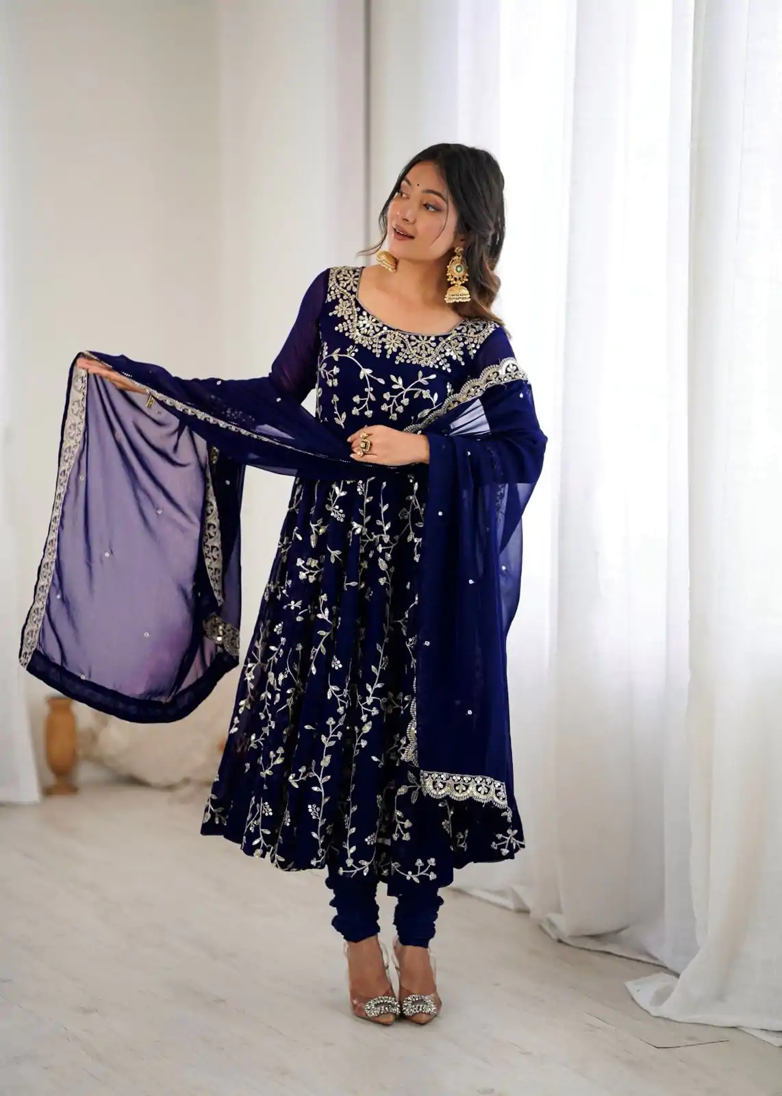 SRK 5299 Navy Blue Faux Georgette With Sequence Work Perfect for Wedding, , Lohri, Temple Visit, Ganesh Chaturthi Festive, Events, 4-6 Working Days At 2149 | Gowns, Bollywood Gowns, Creative Gowns, Designer Gowns, Embroidered Gowns, Party Wear Gowns