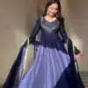 Navy Blue Star Georgette Embroidery Lace Work Gown