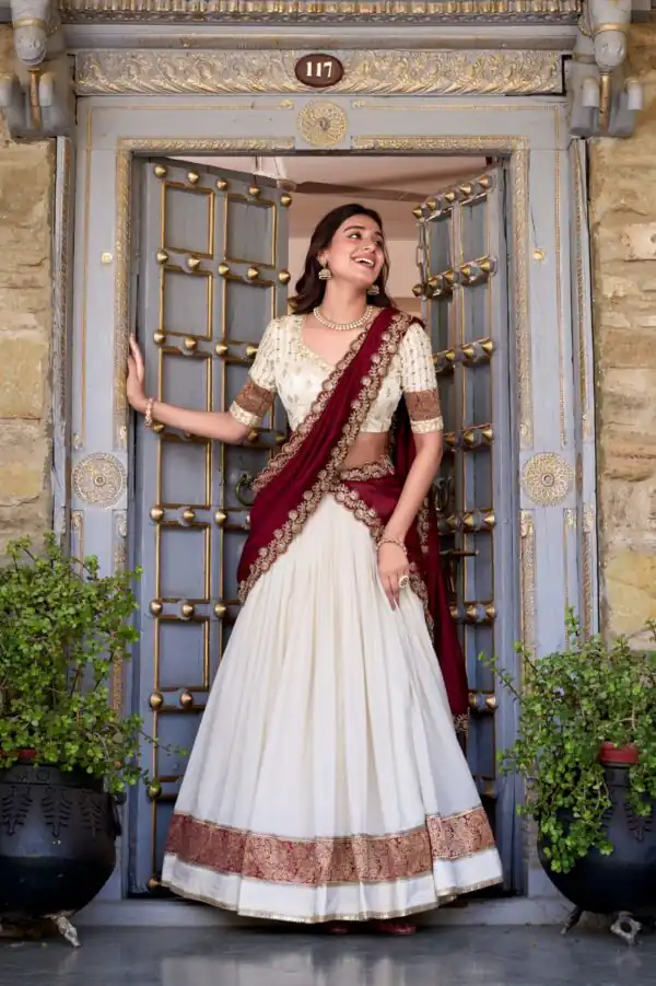 Off White Vichitra Silk Embroidery Zari Work Lehenga Choli - Image 2