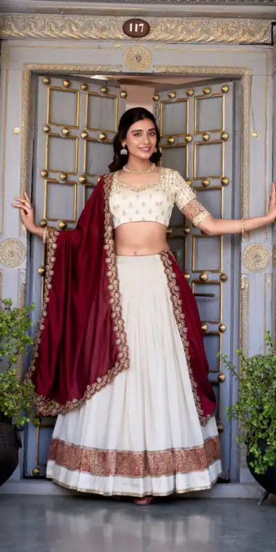 LNB 2049 Off White in Vichitra Silk Embroidery Work & Zari Work Lehenga Choli . Now at just βΉ2999. Delivery 4-6 Working Days. Shop now. | Lehenga, Bollywood Lehenga, Creative Lehenga, Designer Lehenga, Embroidered Lehenga, Party Wear Lehenga