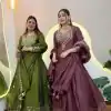 NSR 872 Onion Roman Simmer Silk With Fency Neck And Fecny Sleeve Gown with Embroidery Work & Lace Work. Available at ₹2449 only. Delivery 4-6 Wor | Gowns, Bollywood Gowns, Creative Gowns, Designer Gowns, Embroidered Gowns, Party Wear Gowns