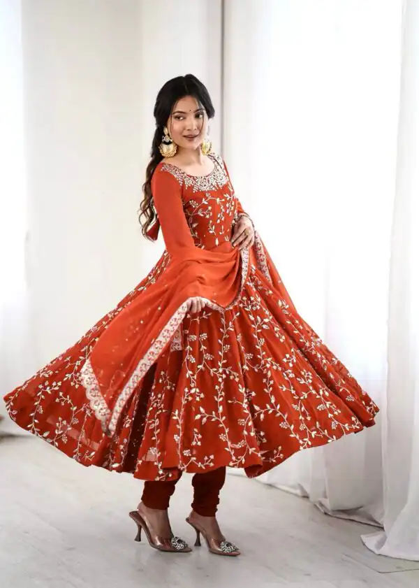 Orange Faux Georgette With Embroidery Gown - Image 12