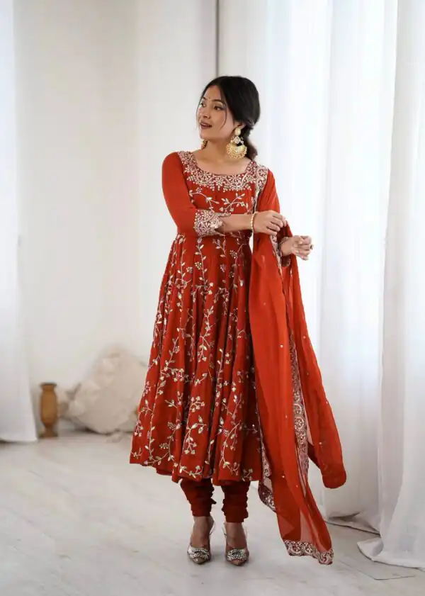 Orange Faux Georgette With Embroidery Gown - Image 2