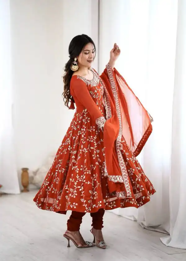 Orange Faux Georgette With Embroidery Gown - Image 11