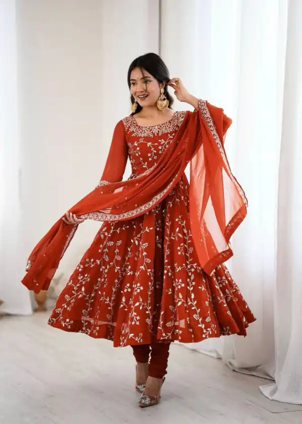 Orange Faux Georgette With Embroidery Gown - Image 10