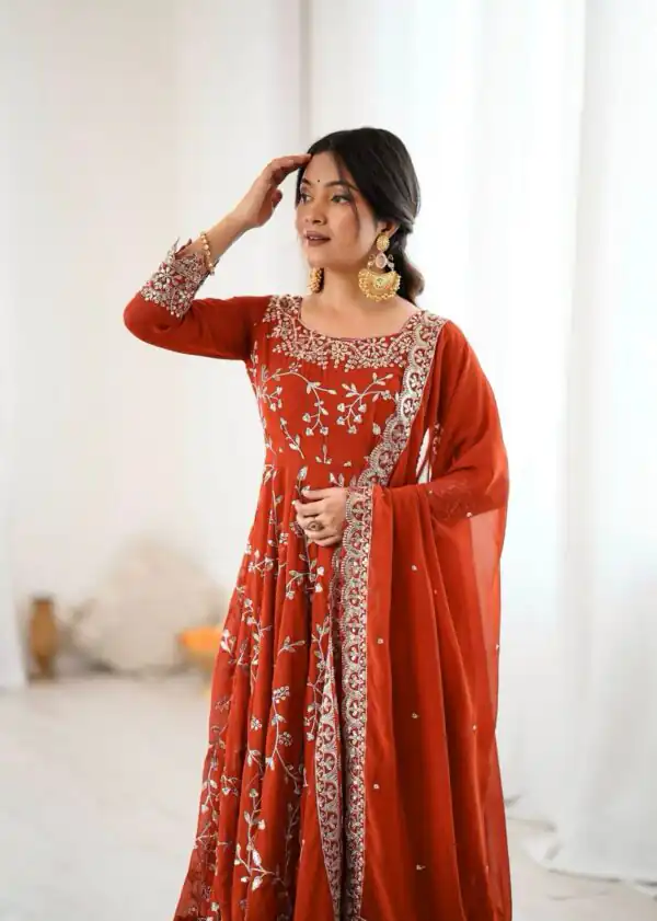 Orange Faux Georgette With Embroidery Gown - Image 9