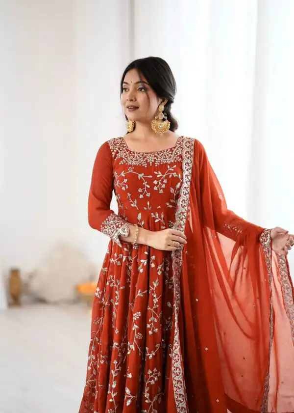Orange Faux Georgette With Embroidery Gown - Image 7