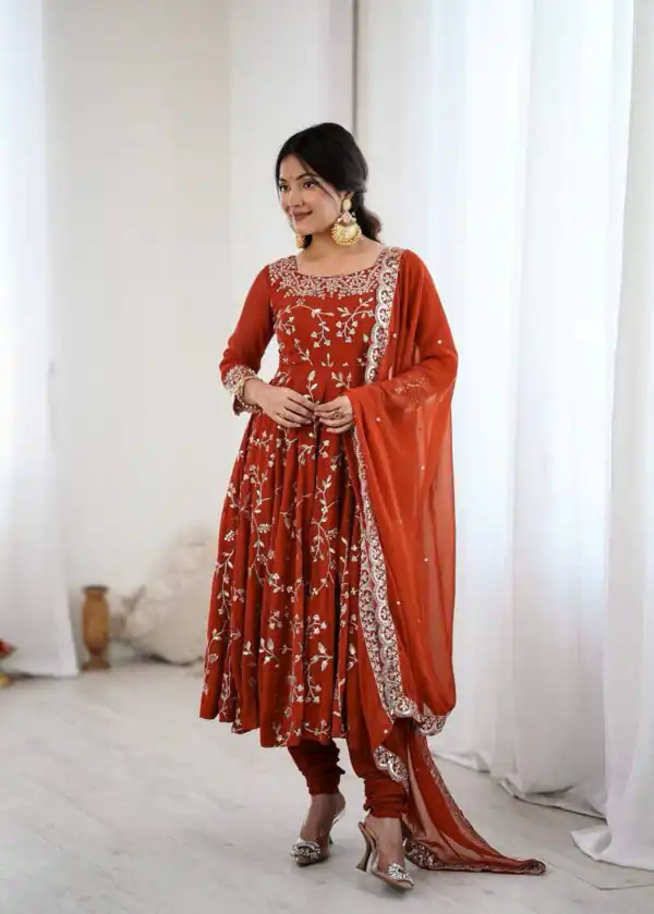 Orange Faux Georgette With Embroidery Gown - Image 5