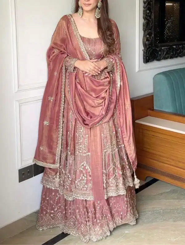 VLM 297 Peach Crunchy Silk with Lace Work & Embroidery Work Gown . Introductory Price ₹2499. Delivery 4-6 Working Days. Shop now. | Gowns, Bollywood Gowns, Creative Gowns, Designer Gowns, Embroidered Gowns, Party Wear Gowns