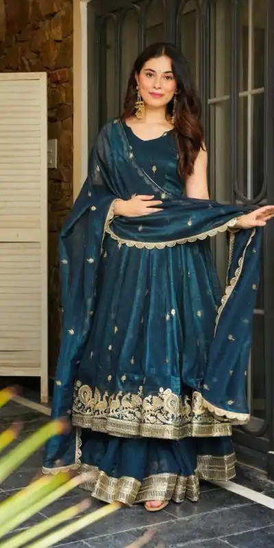 SSR 521 Peacock Blue Crunchy Silk Embroidery Work Salwar Suit Wedding, Party, Festive, Events, Navratri Garba, Anniversary, Haldi,Best Price ₹2449. | Jump Suits, Salwar suit, Casual Suits, Creative suits, Designer Suits, Palazzo Suits, Party Wear Suits, Patiala Suits, Straight Suits