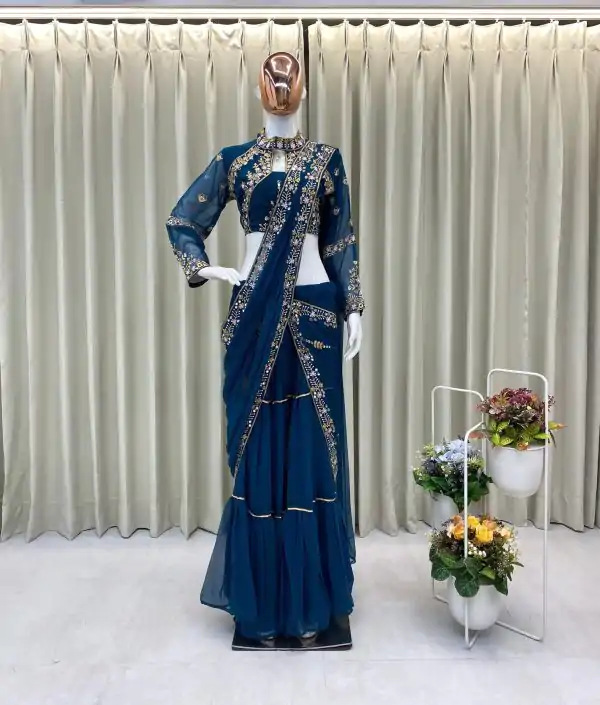 BE 280 Peacock Blue Georgette Lehenga Saree Perfect for Wedding, Party, Cultural Events,, Ganesh Chaturthi . Affordable Price ₹2399. Delivery 4-Days | Lehenga, Bollywood Lehenga, Creative Lehenga, Designer Lehenga, Embroidered Lehenga, Party Wear Lehenga