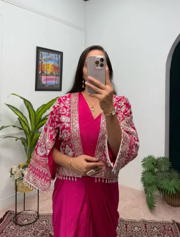 ST 1086 Pink Color Chinnon With Fully Embroidery Koti Ready To Wear Saree Wedding Party, Festive, Events Etc.4-6 Working Days@2049/- only | Gowns, Bollywood Gowns, Creative Gowns, Designer Gowns, Embroidered Gowns, Party Wear Gowns, Straight Suits