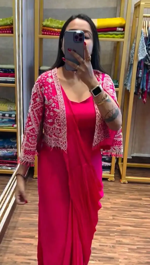 ST 1086 Pink Color Chinnon With Fully Embroidery Koti Ready To Wear Saree Wedding Party, Festive, Events Etc.4-6 Working Days@2049/- only | Gowns, Bollywood Gowns, Creative Gowns, Designer Gowns, Embroidered Gowns, Party Wear Gowns, Straight Suits