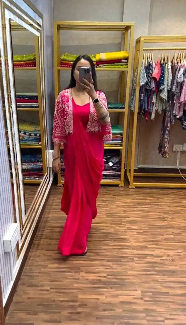 ST 1086 Pink Color Chinnon With Fully Embroidery Koti Ready To Wear Saree Wedding Party, Festive, Events Etc.4-6 Working Days@2049/- only | Gowns, Bollywood Gowns, Creative Gowns, Designer Gowns, Embroidered Gowns, Party Wear Gowns, Straight Suits