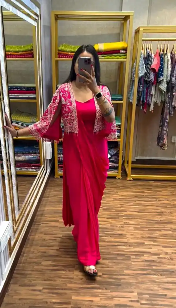ST 1086 Pink Color Chinnon With Fully Embroidery Koti Ready To Wear Saree Wedding Party, Festive, Events Etc.4-6 Working Days@2049/- only | Gowns, Bollywood Gowns, Creative Gowns, Designer Gowns, Embroidered Gowns, Party Wear Gowns, Straight Suits