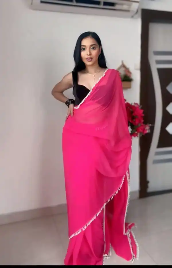 SC 239 Pink Georgette With Lace Work & Lace Border Saree . Wedding, Party, Festive, Events, Exclusive Offer ₹1599. Delivery 4-6 Working Days. Shop now. | Sarees, Bollywood Sarees, Creative Sarees, Designer Sarees, Embroidered Sarees, Ethnic Saree, Modern Digital sarees, Party Wear Sarees