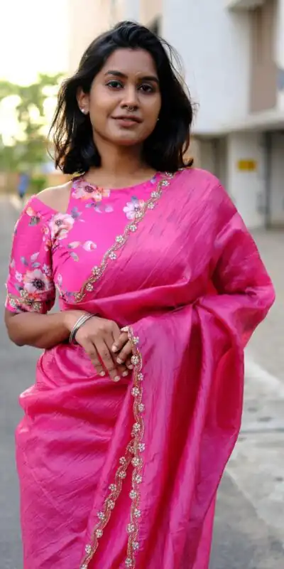 Pink Gold Crush Lace Border Work Saree