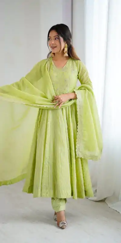 SRK 5293 Pista With Crunchy Silk With Fully Flair with Lace Work & Embroidery Work Anarkali Gown . Introductory Price ₹2149. Delivery 4-6 Worki | Gowns, Bollywood Gowns, Creative Gowns, Designer Gowns, Embroidered Gowns, Party Wear Gowns