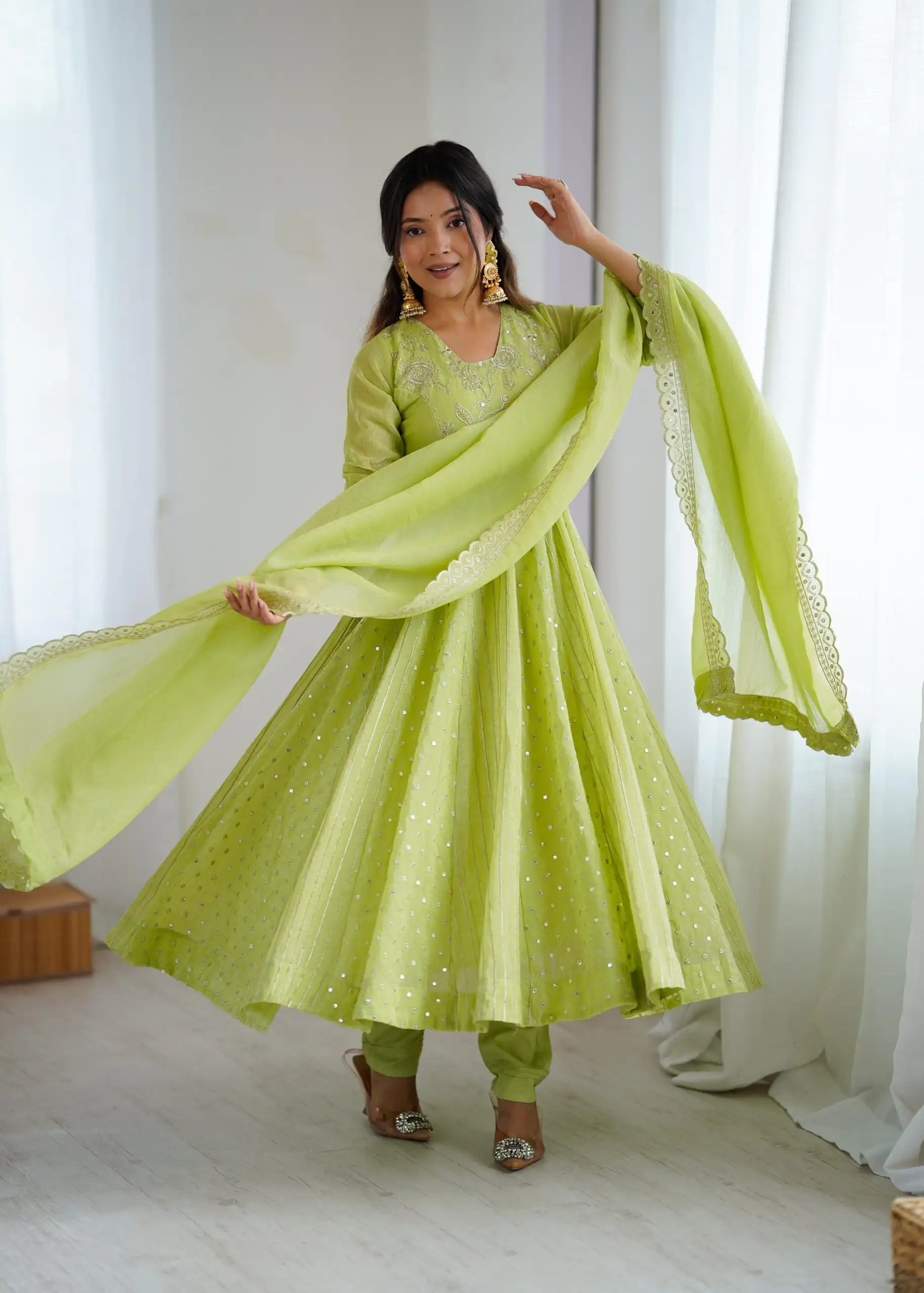 SRK 5293 Pista With Crunchy Silk With Fully Flair with Lace Work & Embroidery Work Anarkali Gown . Introductory Price ₹2149. Delivery 4-6 Worki | Gowns, Bollywood Gowns, Creative Gowns, Designer Gowns, Embroidered Gowns, Party Wear Gowns