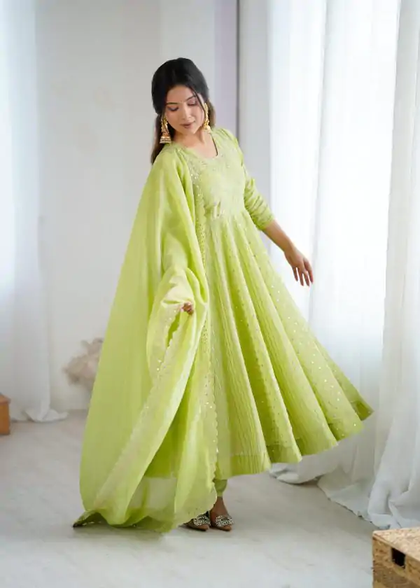 SRK 5293 Pista With Crunchy Silk With Fully Flair with Lace Work & Embroidery Work Anarkali Gown . Introductory Price ₹2149. Delivery 4-6 Worki | Gowns, Bollywood Gowns, Creative Gowns, Designer Gowns, Embroidered Gowns, Party Wear Gowns