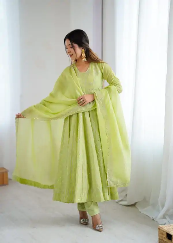 SRK 5293 Pista With Crunchy Silk With Fully Flair with Lace Work & Embroidery Work Anarkali Gown . Introductory Price ₹2149. Delivery 4-6 Worki | Gowns, Bollywood Gowns, Creative Gowns, Designer Gowns, Embroidered Gowns, Party Wear Gowns