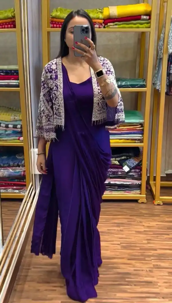 ST 1086 Purple Color Chinnon With Fully Embroidery Koti Ready To Wear Saree Wedding Party, Festive, Events Etc.4-6 Working Days@2049/- only | Gowns, Bollywood Gowns, Creative Gowns, Designer Gowns, Embroidered Gowns, Party Wear Gowns, Straight Suits