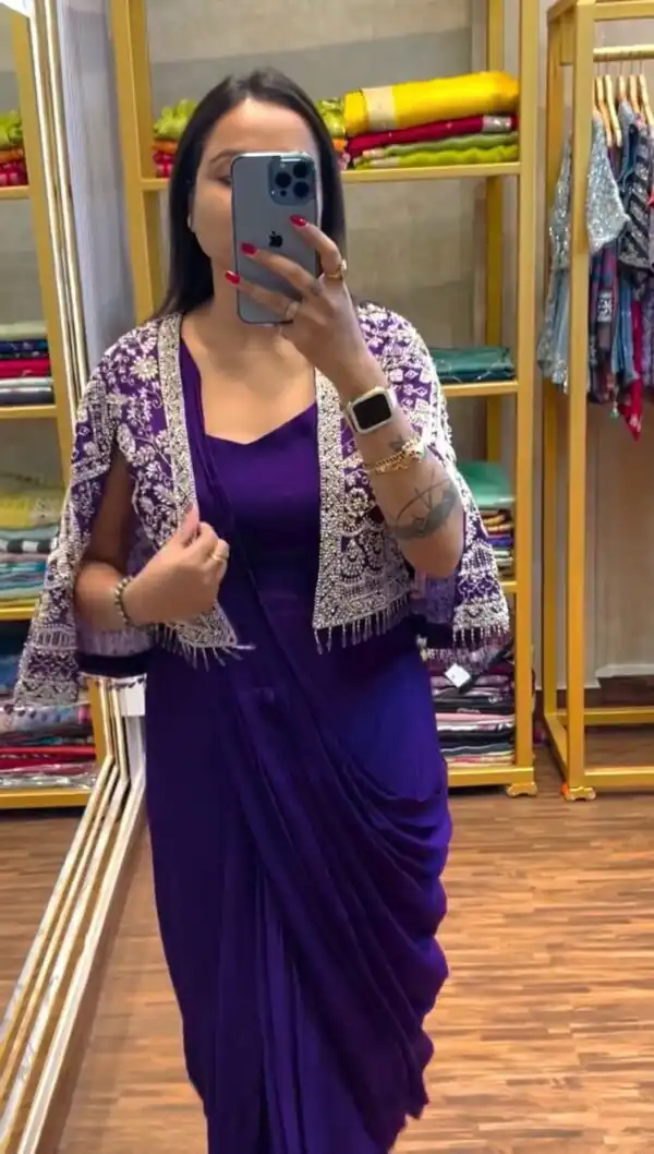 ST 1086 Purple Color Chinnon With Fully Embroidery Koti Ready To Wear Saree Wedding Party, Festive, Events Etc.4-6 Working Days@2049/- only | Gowns, Bollywood Gowns, Creative Gowns, Designer Gowns, Embroidered Gowns, Party Wear Gowns, Straight Suits